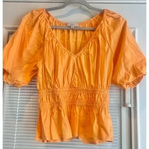 Loft Orange Peplum Blouse V-Neck Puff Sleeve Top Women's Size Small